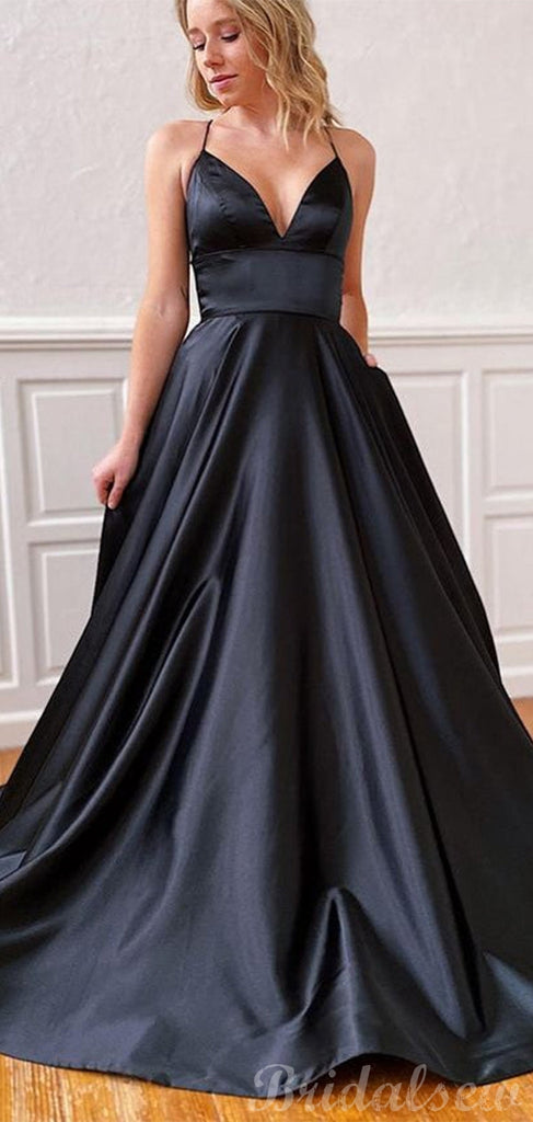 Simple Black Spaghetti Strap Satin Long Prom Dress Evening Dress,MP523 –  Musebridals